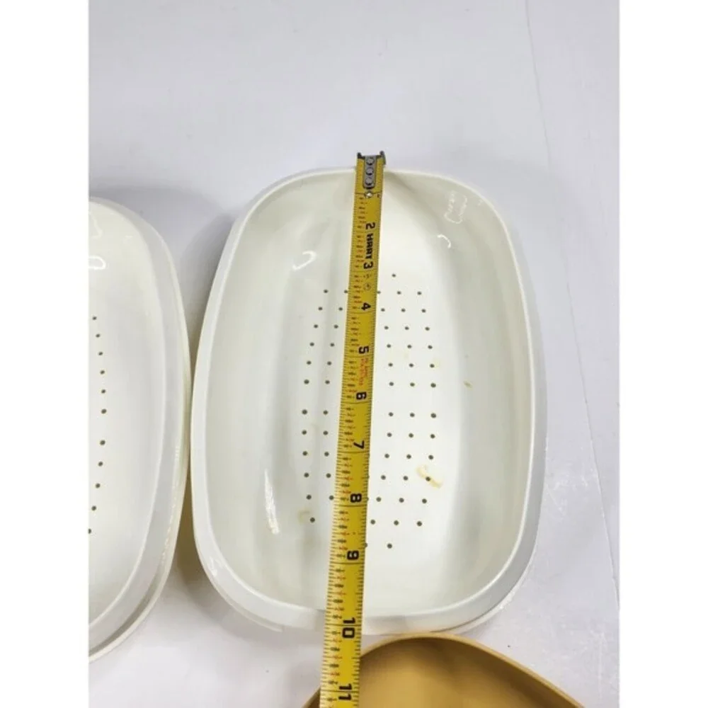 Vintage‎ Tupperware Microwave Steamer Oval 4 Piece Set Harvest Gold Strainer Lid